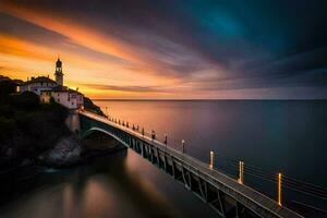 un puente terminado el Oceano a puesta de sol. generado por ai foto