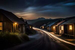 a long exposure photo of a road at night with houses and mountains in the background. AI-Generated