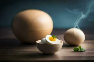 a bowl of boiled eggs with a leaf on top. AI-Generated photo