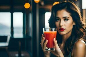 a woman holding a glass of juice. AI-Generated photo