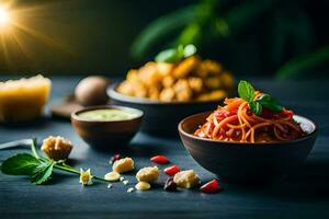 a bowl of pasta with vegetables and nuts. AI-Generated photo