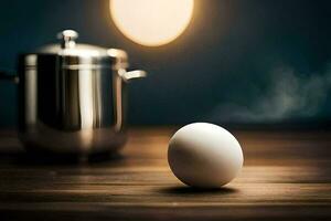 an egg sits on a table next to a pot. AI-Generated photo