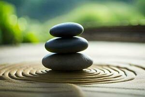 a stack of stones on top of a wooden table. AI-Generated photo