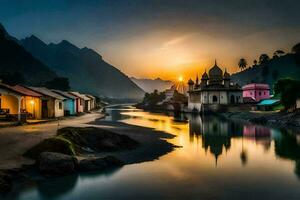 photo wallpaper the sky, river, mountains, sunset, the village, india. AI-Generated