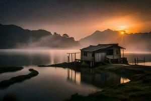 the sun rises over a small hut in the middle of a lake. AI-Generated photo