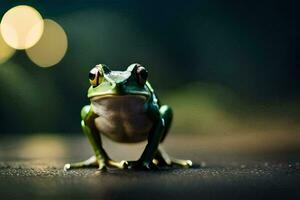 a frog is standing on a dark surface. AI-Generated photo