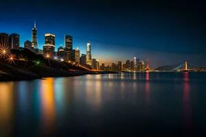 el ciudad horizonte a noche con luces reflejando apagado el agua. generado por ai foto