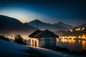 photo wallpaper the sky, mountains, lake, the house, the light, the lake, the. AI-Generated