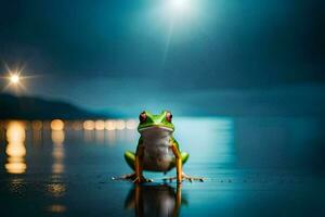 a frog sitting on the beach at night with a full moon in the background. AI-Generated photo