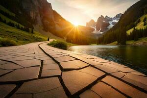 a path leads to a lake and mountains at sunset. AI-Generated photo
