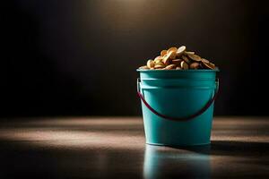 a bucket filled with nuts on a table. AI-Generated photo
