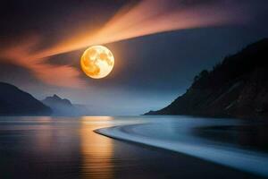 a full moon is seen over the water with a long trail. AI-Generated photo