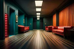 a hallway with red couches and orange walls. AI-Generated photo