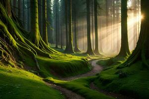 un camino mediante un bosque con cubierto de musgo arboles generado por ai foto