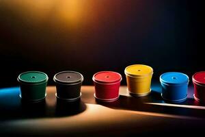 a row of colorful plastic containers on a dark background. AI-Generated photo