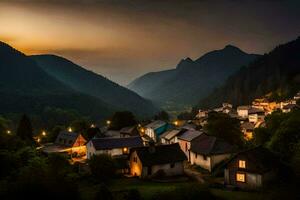 un pueblo en el montañas a oscuridad. generado por ai foto