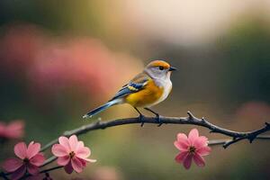 a bird sits on a branch with pink flowers. AI-Generated photo