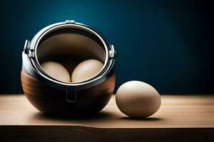 two eggs in a metal container on a table. AI-Generated photo