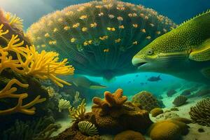 a fish swims near a coral reef with other fish. AI-Generated photo