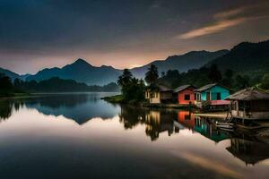 a lake with houses on the shore and mountains in the background. AI-Generated photo