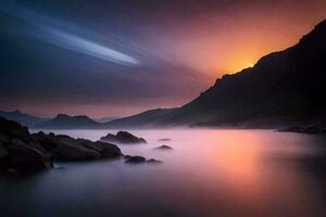 a long exposure photograph of a mountain range and water. AI-Generated photo
