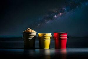 three buckets of popcorn on a table with a milky sky in the background. AI-Generated photo