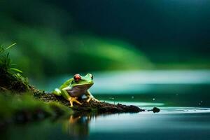 a frog sitting on a log in the water. AI-Generated photo