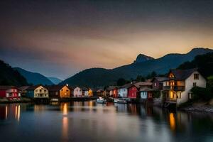 photo wallpaper the sky, mountains, water, houses, the sea, the sky, norway. AI-Generated