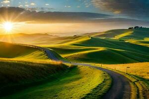 el la carretera a el puesta de sol. generado por ai foto