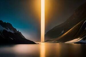 un ligero brillante mediante un montaña en el medio de un lago. generado por ai foto