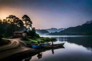 two boats sit on the shore of a lake at sunrise. AI-Generated photo