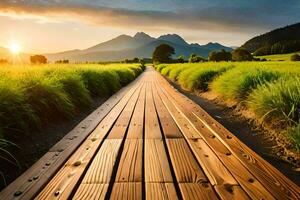 a wooden path leads to the mountains. AI-Generated photo