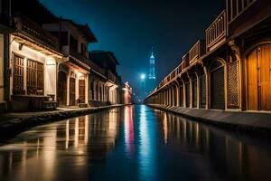 un canal en el medio de un ciudad a noche. generado por ai foto