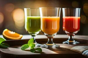 three glasses of juice on a wooden tray. AI-Generated photo