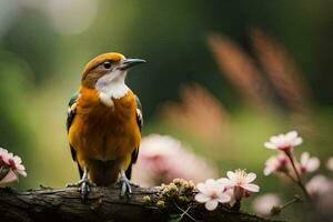 a bird sitting on a branch with flowers. AI-Generated photo