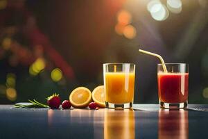 two glasses of juice with a straw and berries. AI-Generated photo