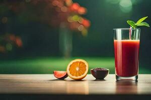 un vaso de jugo con un naranja rebanada y un rebanada de naranja. generado por ai foto