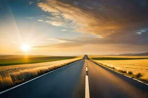 un largo vacío la carretera en el medio de un campo. generado por ai foto