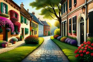 a painting of a street with flowers and flowers. AI-Generated photo