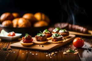 small appetizers on a wooden board with meat and vegetables. AI-Generated photo