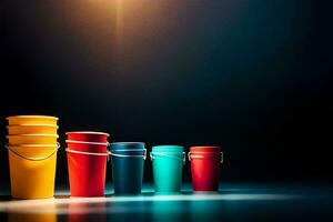 colorful buckets on a dark background. AI-Generated photo