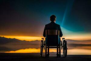 un hombre en un silla de ruedas se sienta en un muelle a puesta de sol. generado por ai foto