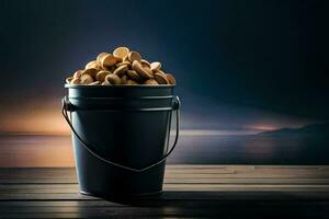 a bucket filled with peanuts on a wooden table. AI-Generated photo