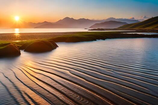 el Dom conjuntos terminado un playa y montañas. generado por ai foto