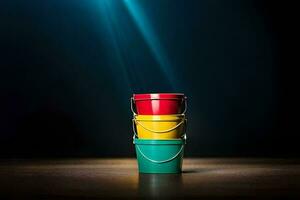 a stack of colorful buckets on a dark table. AI-Generated photo