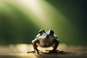 un rana es en pie en un de madera piso. generado por ai foto