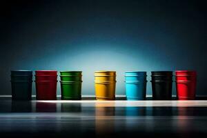 a row of colorful barrels on a dark background. AI-Generated photo