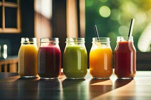 five different types of juices in jars on a table. AI-Generated photo