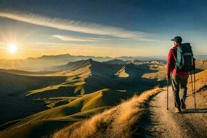 a man with backpack and trek poles is walking on a dirt road in the mountains. AI-Generated photo