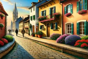 an illustration of a street in a town with flowers and people walking. AI-Generated photo